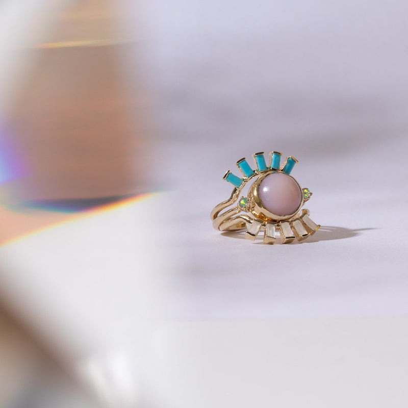Eyelash Baguette Ring in Pink Opal