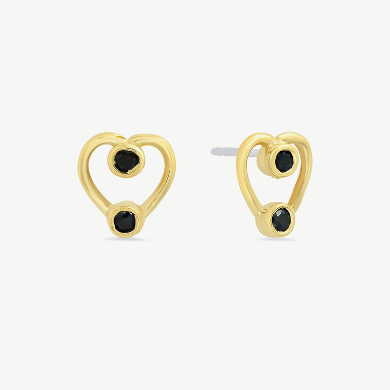 Tiny Double Heart Studs in Black Spinel