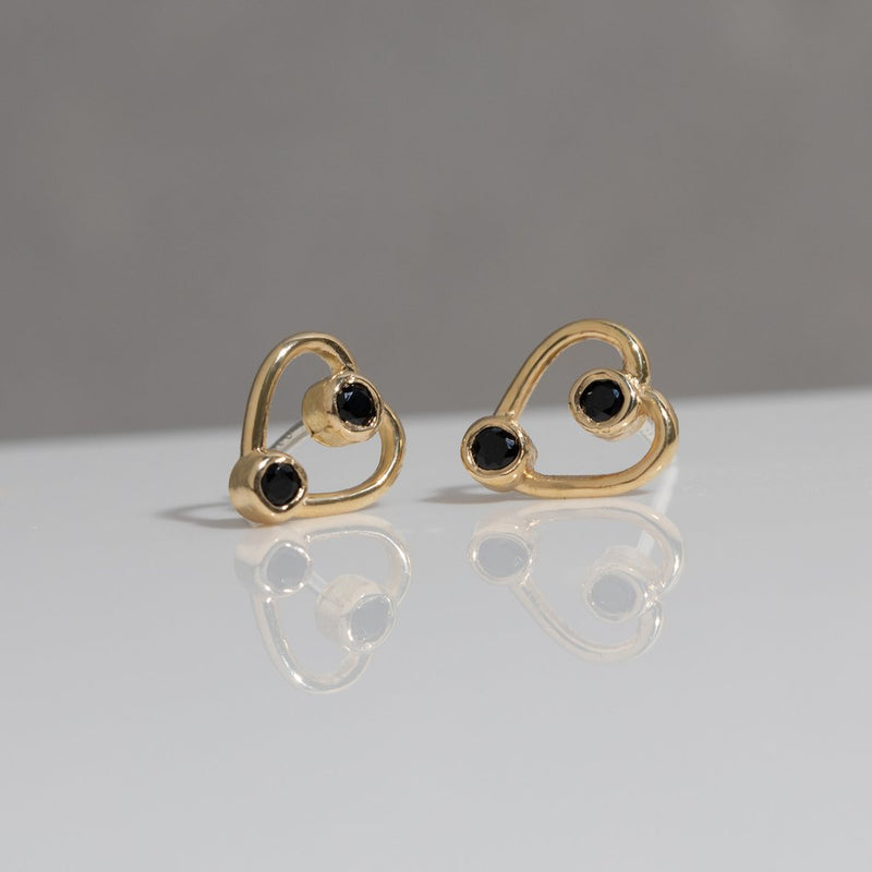 Tiny Double Heart Studs in Black Spinel